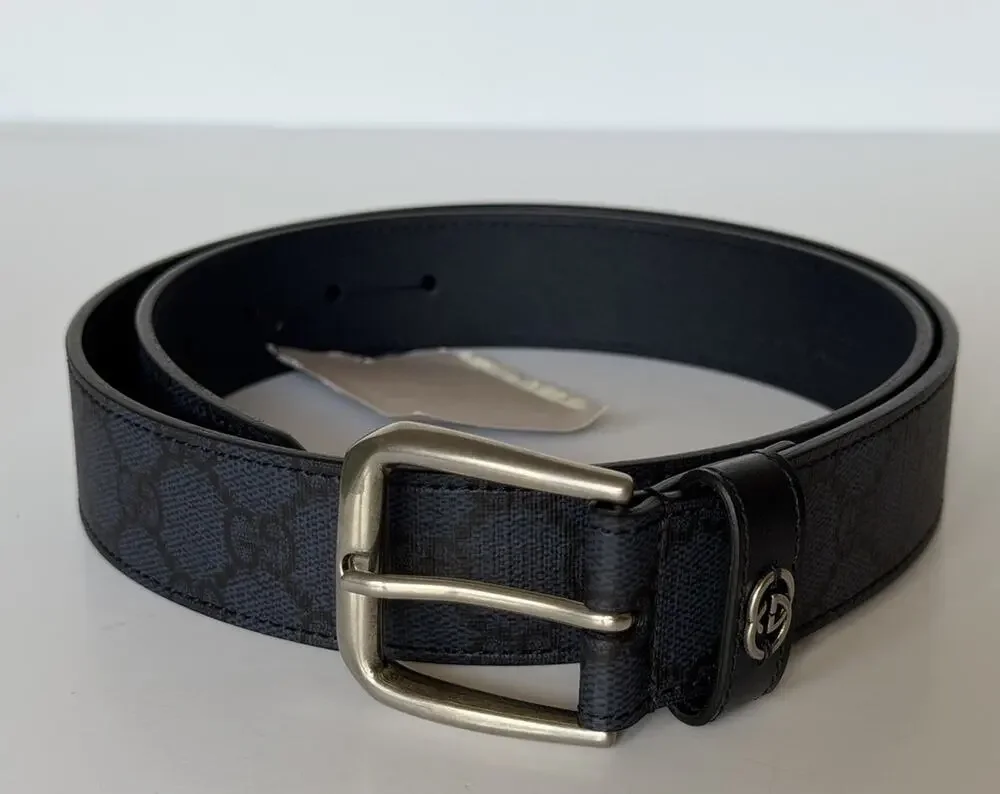 Gucci Interlocking GG Supreme Details Leather Belt Blue/Black 90/36 673921 NWT